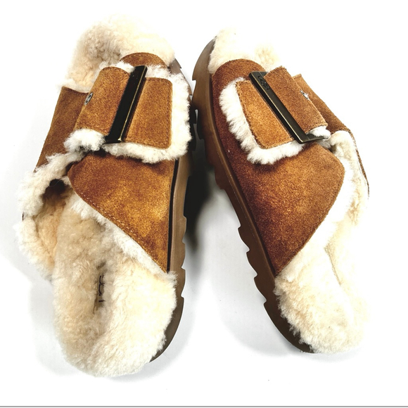UGG Womans Sandal Brown Cream Shearling Suede Buckle Slippers US 6 - Picture 5 of 10